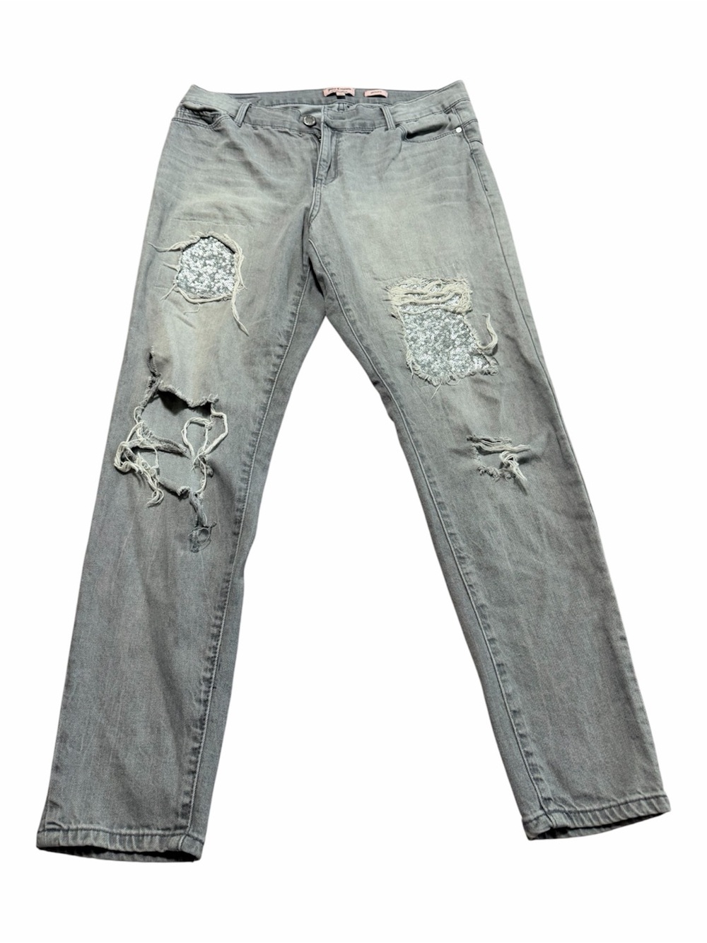 Juicy Couture Sequin Patched Women's Light Gray Distressed Skinny Jeans Size 12
